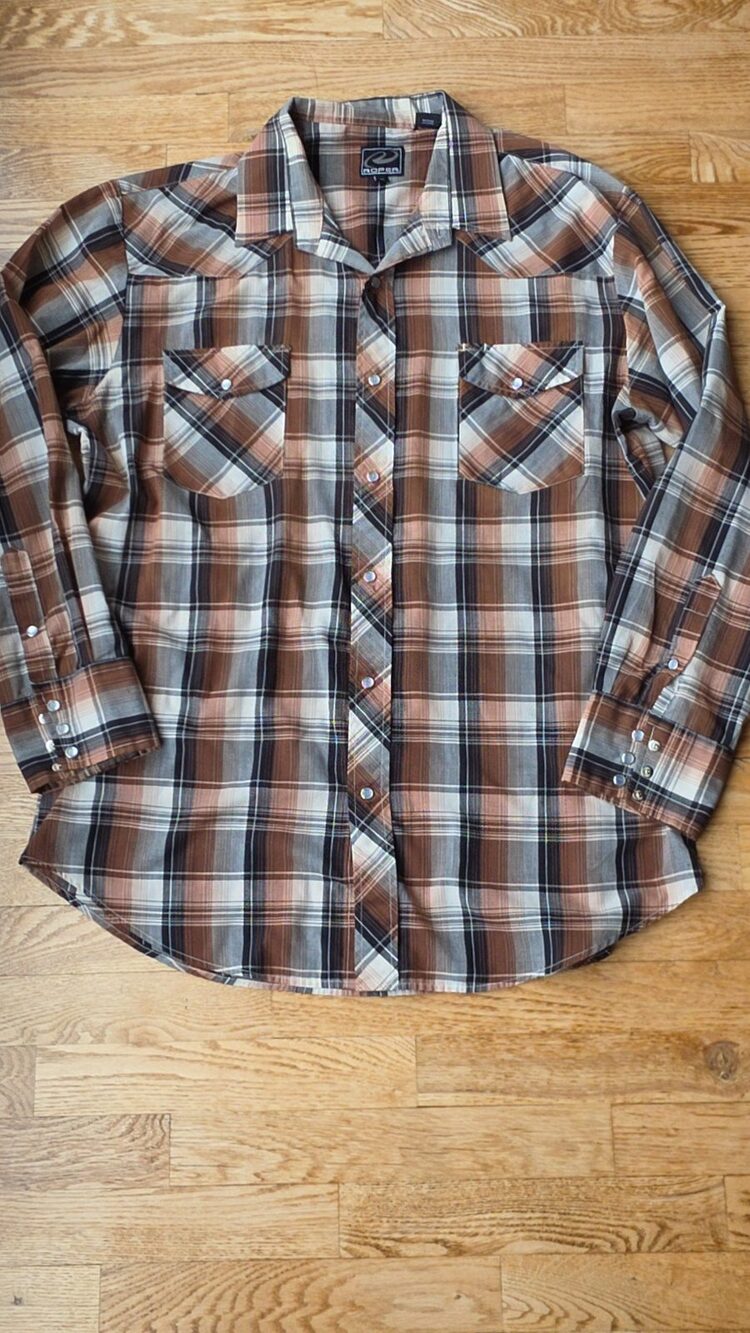 (XL) Roper Western Plaid Casual Brown Snap Shirt Cowboy Rodeo Farm Lumberjack